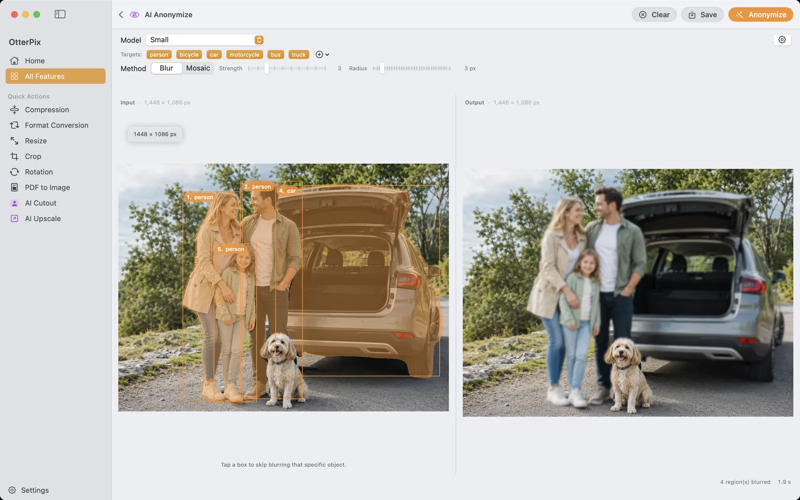 The OtterPix AI Anonymize tool on macOS: detected people marked with labeled boxes in the Input pane and blurred in the Output pane.