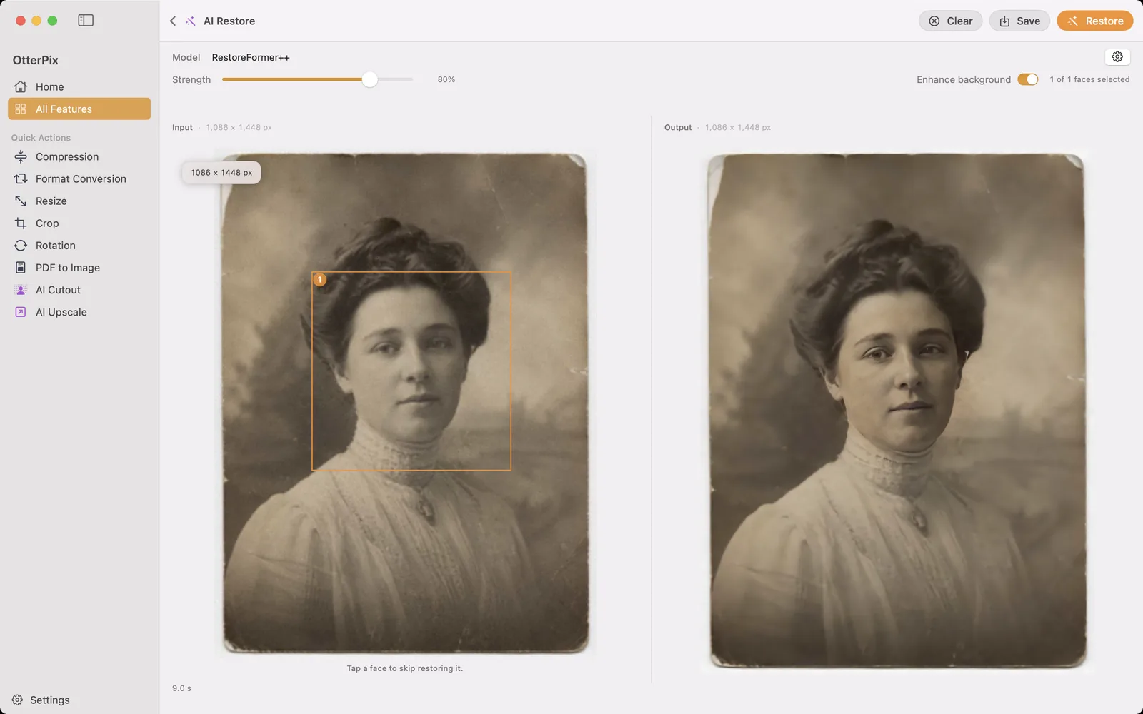 The OtterPix AI Restore tool on macOS with an old sepia portrait: the detected face is framed in the input pane, and the output pane shows it rebuilt noticeably sharper.